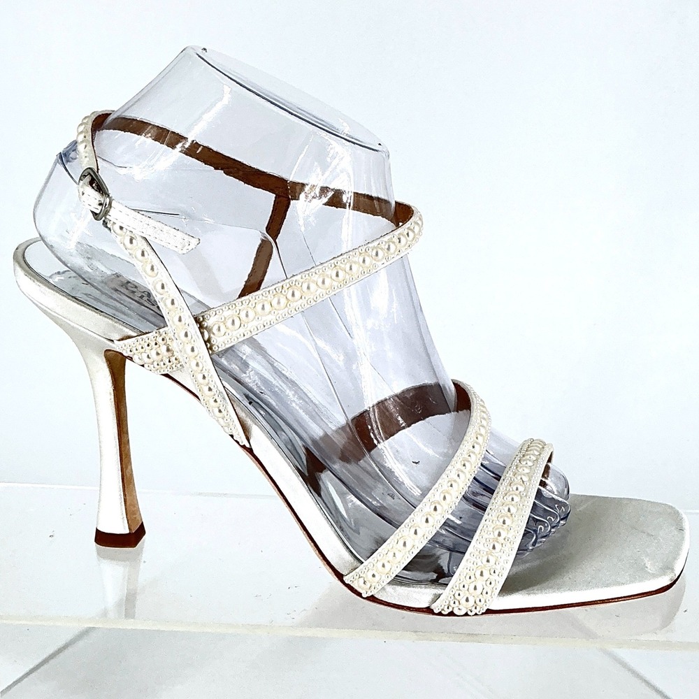 Badgley Mischka Size 9.5 Ivory Satin Pearl Strappy Heels NEW Brynlee $180